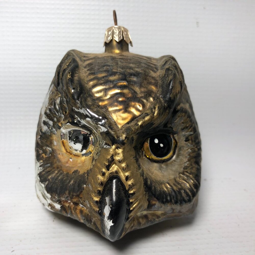 Vintage Owl Head Hand Blown Glass Christmas Ornament Poland